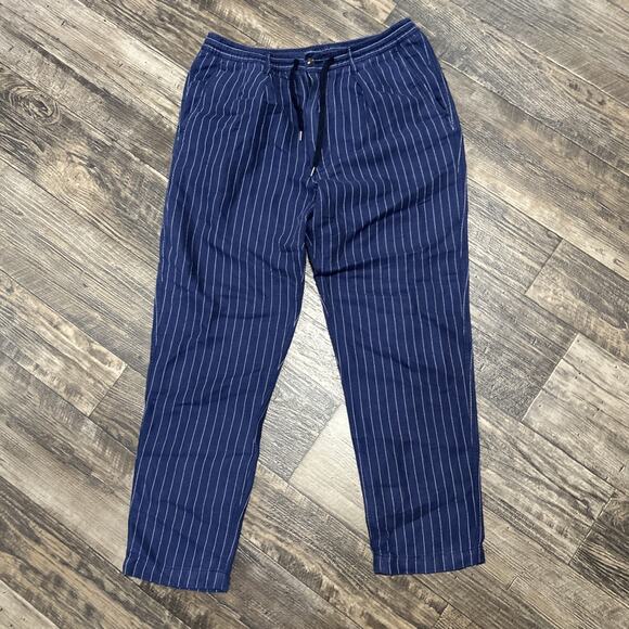 Mens Ralph Lauren Polo Pinstriped Drawstring Pants Tailored Slim L Blue Beach - Picture 1 of 9